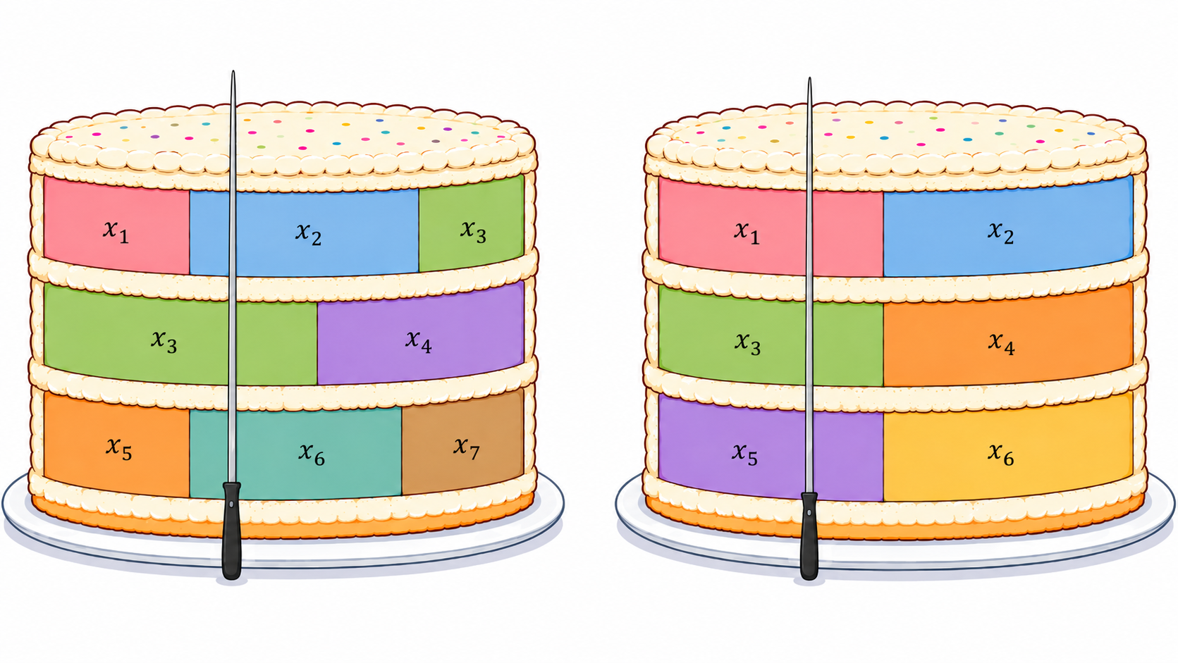 Cake-cutting illustration of the rounding scheme.